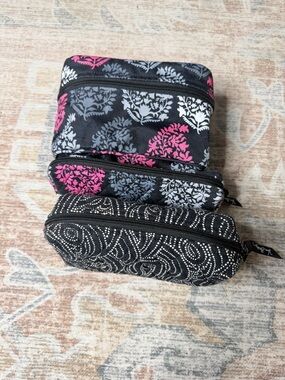 Vera Bradley Black, Pink & Gray Patterned Cosmetic Pouch Trio